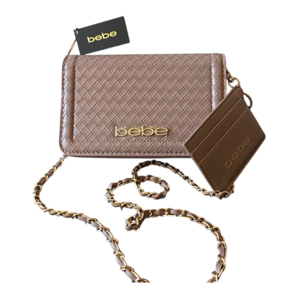 bebe Woven Crossbody Bag in Taupe with Gold Chain